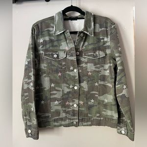 Miss Me Camo jean Jacket with distressing on collar. Euc